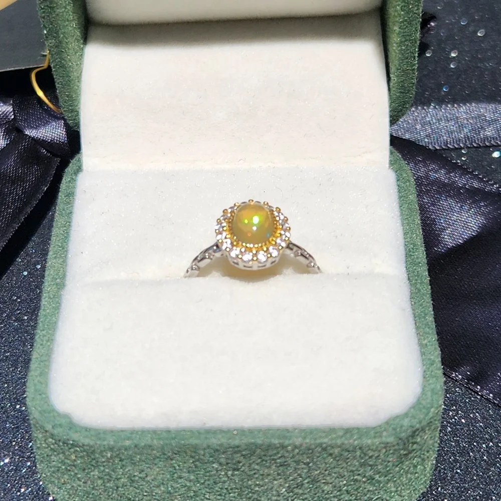 S925 opal ring with colorful flash and zircone - adjustable size band